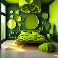 a bedroom with green walls and round mirrors on the wall above the bed, as well as an ottoman