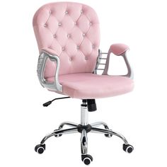 a pink office chair with chrome wheels and studding on the armrests is shown