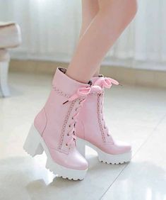 Sepatu Platform, Kasut Wanita, Lace High Heels, Pop Punk Fashion, Mode Kawaii, Cute High Heels, Kawaii Shoes, Pink Boots, Platform High Heels