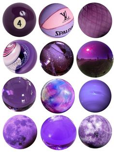 several different types of balls are shown in purple and blue colors, including one with the moon