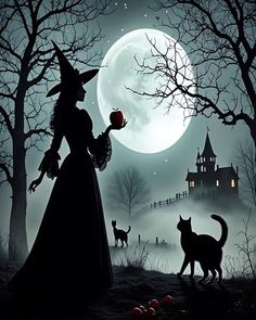 a woman dressed as a witch holding an apple in front of a full moon with two cats