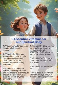 an image of two children with the text 6 essential vitamins for our spiritful body