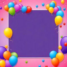 colorful balloons and streamers surrounding a purple square frame on a pink background with space for text