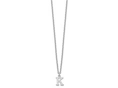 Rhodium over sterling silver cut-out letter "K" initial necklace with polished finish and lobster claw clasp. Chain measures approximately 18"L x 1/16"W, charm measures 7/16"L x 1/4"W. Silver K Necklace, K Necklace Letter, K Initial Necklace, K Initial, K Necklace, Cut Out Letters, Letter K, Vision Boards, Initial Necklace