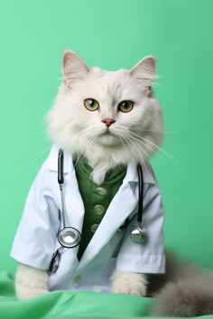 portrait photography of a white cat dressed as a doctor, green background. Save Animals Poster, Doctor Cat, Fluffy Things, Best Health Insurance, Cat Yoga, Foster Kittens, Cat Photography, Cat Boarding, Pet Hacks