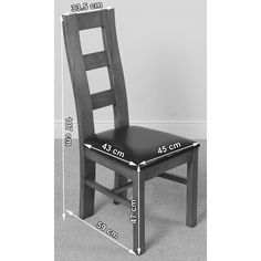 a wooden chair with measurements for the seat and back side, in front of a white wall