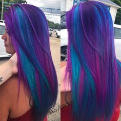 Ombre Hair Fun Colors, Multi Colored Purple Hair, Color Block Vivid Hair, Purple And Blue Hair Color Ideas, Fantasy Hair Color Ideas, Multi Color Hair Ideas, Pink Purple And Blue Hair, Vivid Color Hair, Fun Hair Colors