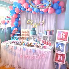 a birthday party with balloons, cake and decorations