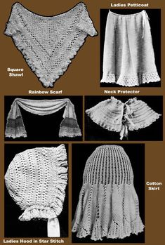 the instructions for crocheted shawls are shown in several different styles and colors