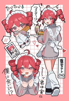 an anime character with red hair and glasses, holding a drink in one hand while standing next