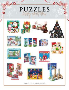 the holiday puzzles are on display in front of snowflakes and christmas decorations