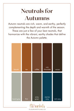 Autumn’s rich, earthy neutrals bring warmth and depth to your wardrobe. Explore the best shades like olive, camel, and rust to elevate your Autumn style! Read more in our recently updated blog post on neutrals.  autumn neutrals, warm neutrals, seasonal color palette, olive, camel, rust, autumn palette Autumn Colour Analysis Outfits, Chestnut Brown Color Palette, Color Analysis Autumn Outfit, Vintage Autumn Color Palette, Autumn Wardrobe Color Palette, Warm Autumn Neutrals, Neutral Autumn Color Palette, True Autumn Color Palette Analysis, Autumn Color Analysis Outfits