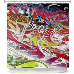 graffiti shower curtain featuring various colors and designs