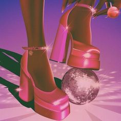 a pair of high heeled shoes next to a disco ball on a purple background