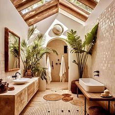 a bathroom with two sinks and plants in the shower area, along with a skylight