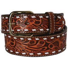 Men's 3D 1-1/2in. Natural Floral Buckstitch Belt Casual Leather Belt, Work Belt, Leather Belt Buckle, Cowboy Belt, Western Belt Buckles, Leather Carving, Leather Belts Men, Woven Belt, Faux Leather Belts