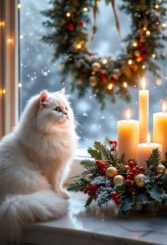 a white cat sitting on a window sill next to a christmas wreath and candles