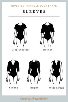 the concept wardrobe | A selection of great sleeve styles for the inverted triangle body shape. Short sleeves should be tight-fitted and tapered, whereas long sleeves should be flaring. Concept Wardrobe, Inverted Triangle Outfits