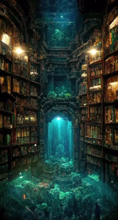 an underwater library filled with lots of books