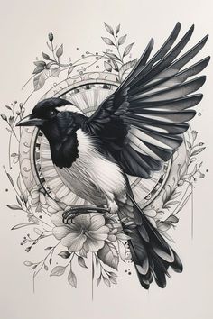 a black and white drawing of a bird with wings spread out, surrounded by flowers