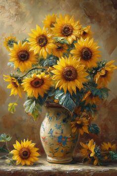 a painting of sunflowers in a vase on a ledge