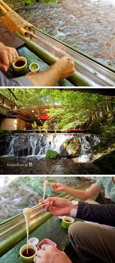 two pictures of people drinking from cups in front of a waterfall and on the outside