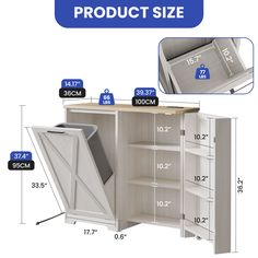 the product size is shown with measurements for each item in front of it and on the bottom shelf