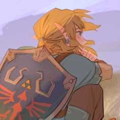 the legend of zelda is hugging his shield while he stands in front of him