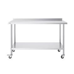 a stainless steel table with two wheels on each side and a shelf underneath the top