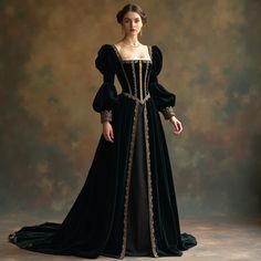 Discover the opulence of 16th-century England with this elegant Tudor-era inspired dress. Featuring a fitted, corseted bodice and loose, flowing sleeves, this floor-length gown is adorned with intricate embroidery and ornate gold trimming. The rich, velvety black fabric with a subtle sheen creates a slender, refined silhouette, complete with a delicate train and beaded lace trim. The soft, muted background in warm, earthy tones enhances the dress’s regal sophistication and understated elegance, making it a timeless piece for any historic-themed occasion.#TudorEraFashion #ElegantGown #FloorLengthDress #HistoricalCostume #RegalElegance #CorsetedBodice #IntricateEmbroidery #GoldTrimming #VelvetyBlackDress #16thCenturyStyle #VintageFashion #LuxuryDress #HistoricalDress #GownWithTrain Tudor Inspired Dress, Victorian Royalty Dress, 1600s Dresses Royal, Fantasy Historical Dress, Black Tudor Dress, Tudor Era Dress, Mid Evil Times Outfit, 1800 Dresses Victorian