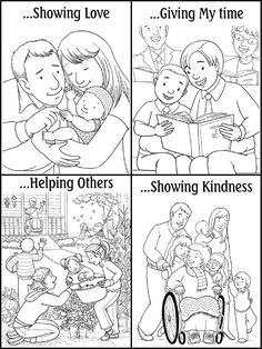 four different coloring pages with the words giving love, giving my time and helping others showing kindness