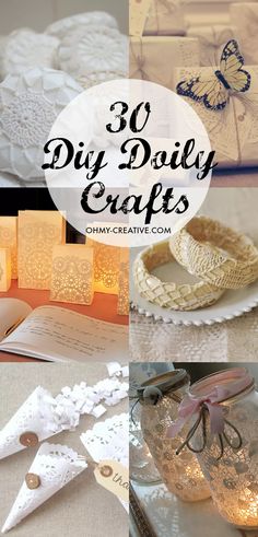 the words 30 diy doily crafts are shown above pictures of paper doilies