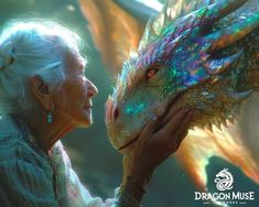 an older woman holding a dragon in front of her face