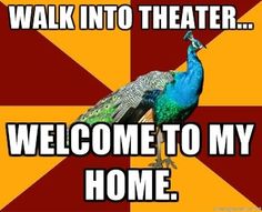 a peacock standing in front of a red and yellow checkered background with the words walk into theater welcome to my home