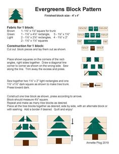 the evergreens block pattern is shown with instructions to make it look like they have been cut