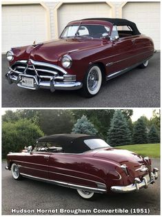 two pictures of an old car in front of a garage with the same color as it is