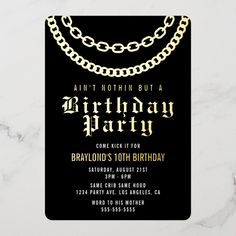 a black and gold birthday party card with chains