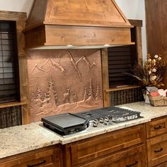 a stove top oven sitting on top of a counter next to wooden cabinets and drawers