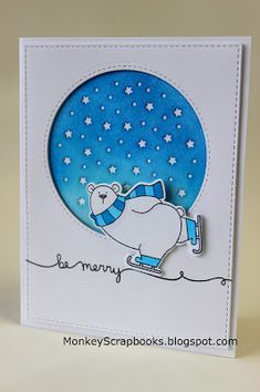 a card with an image of a polar bear skating on the ice and stars in the sky