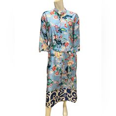 Zara Kimono Dress Bottom Down 3/4 Sleeves Satin Open On The Sides Belt Waist New With Tag Casual Floral Print Maxi Dress With 3/4 Sleeve, Casual Maxi Dress With Floral Print And 3/4 Sleeve, Daywear Dresses With Floral Print And 3/4 Sleeves, Daywear Rayon Tunic Dress, Blue Printed Viscose Dresses, Summer Silk Dress With 3/4 Sleeves, Casual Blue Tunic Shirt Dress, Silk Summer Dress With 3/4 Sleeves, Blue Floral Print Rayon Dress