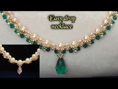 an image of a necklace with pearls and green stones on the front, and a photo of