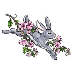 an embroidery design of a rabbit with flowers on it's chest and head hanging from a branch