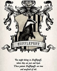 an illustration of a coat of arms with a badger on it and the words, hufflepuff