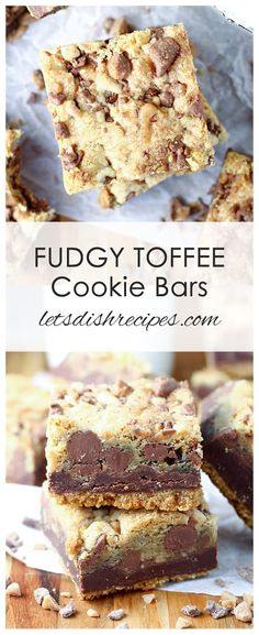 fudgey toffe cookie bars are stacked on top of each other with chocolate chips