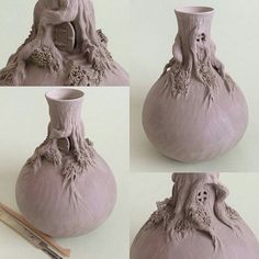 four different views of a vase that is made out of clay