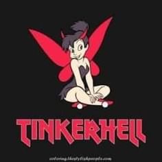 tinkerbell sitting on the ground with her legs spread out, in front of a black background