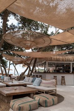 an outdoor seating area with tables and umbrellas