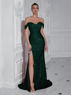 ADYCE Solid Color Formal Sequined Shiny Off Shoulder Slit Backless Cocktail Party Prom Maxi Dress Dark Green Party  Short Sleeve Woven Fabric Plain,All Over Print Bodycon Slight Stretch  Weddings & Events, size features are:Bust: ,Length: ,Sleeve Length: Dark Green Sparkly Prom Dress, Emerald Green Dress With Sleeves, Green Shiny Dress, Dark Green Dress Formal, Vestidos Color Verde, Dark Green Formal Dress, Green Sparkle Dress, Bridesmaid Dress Green, Green Satin Prom Dress