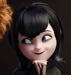 a close up of a cartoon character with black hair and blue eyes, next to an orange haired woman