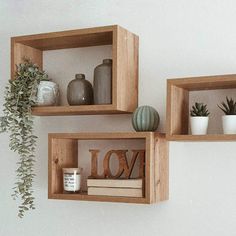 two wooden shelves with books, vases and plants on them in front of a white wall